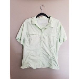 B sport hiking fishing shirt button down up green collar short sleeve L XL